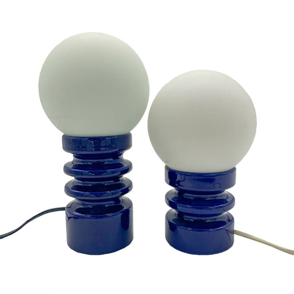 Vintage German Modernist Mid Century Navy Ceramic Lamps with White milky opal glass shed