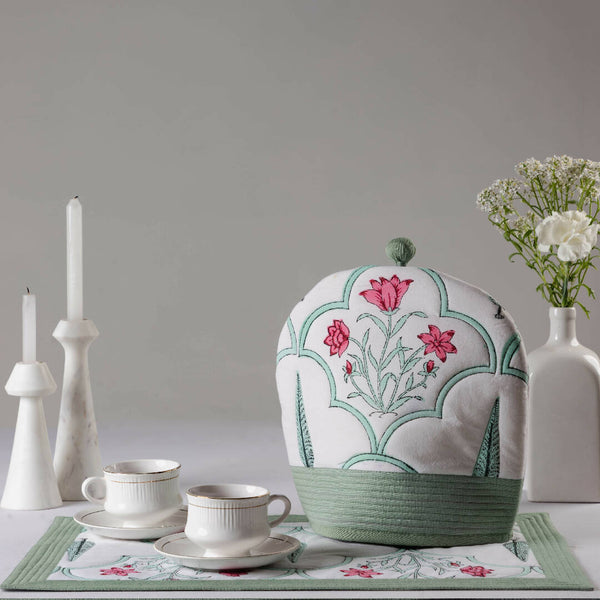 Teela Rose Handblock Printed Tea Cozy And Tray Cloth Set