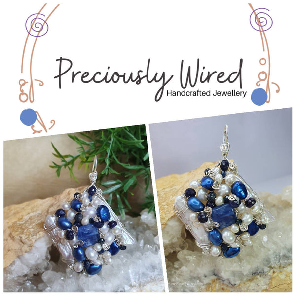 Sapphire Kyanite Blue Pearl Sterling Wire Wrapped Diamond Pendant by Preciously Wired