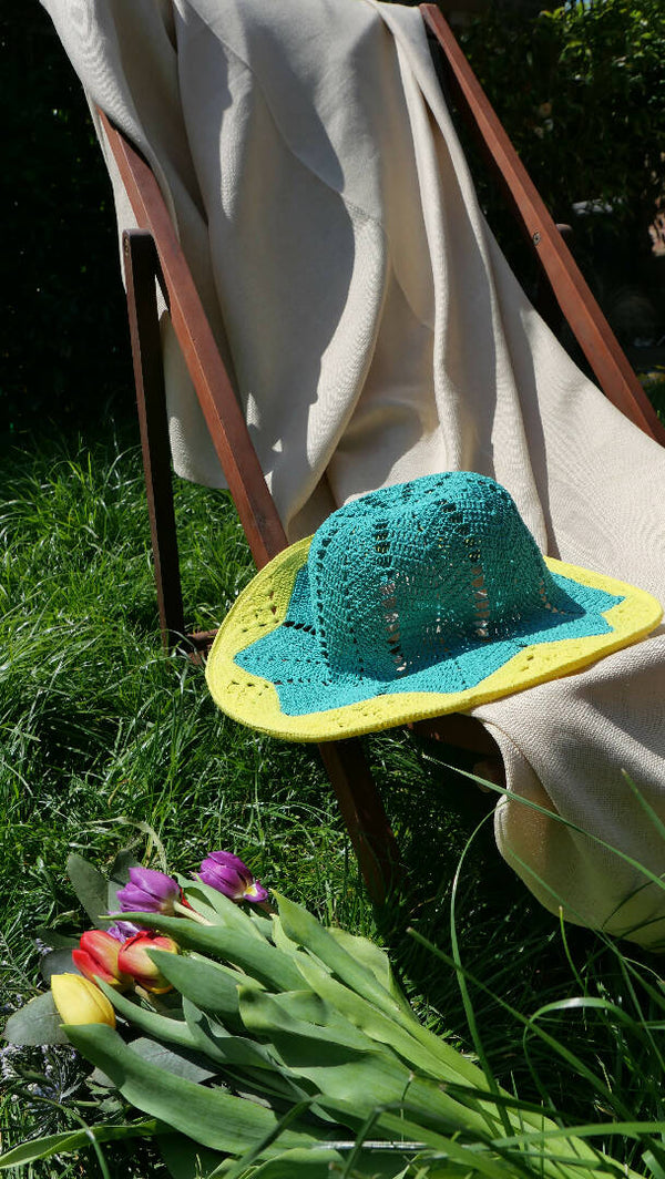 Cute summer hat, linen teal green and yellow crochet garden hat, sun protect granny beanie, summer bucket hat, bonnet cottagecore headwear