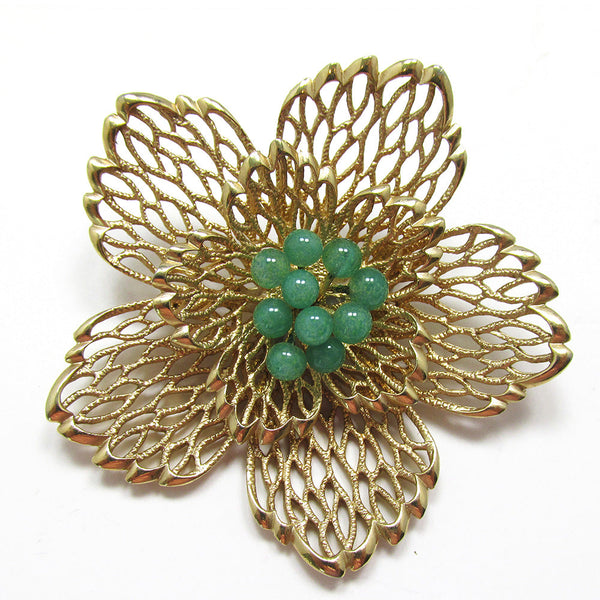 Marvella Signed 1950s Vintage Jade Bead and Gold Filigree Floral Pin