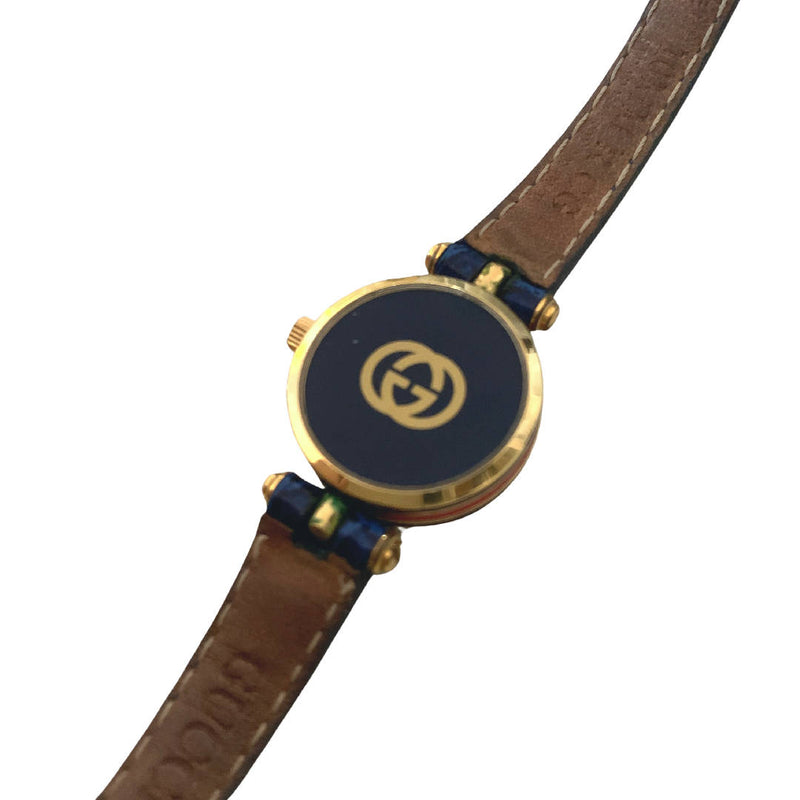 Rare Vintage Gucci Watch in navy gold plated leather strap