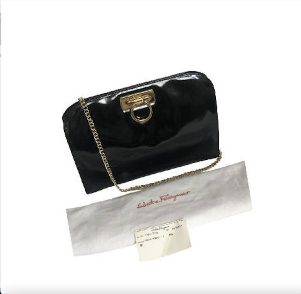 Salvatore Ferragamo Vintage Black Gold Patent Leather Clutch Bag
