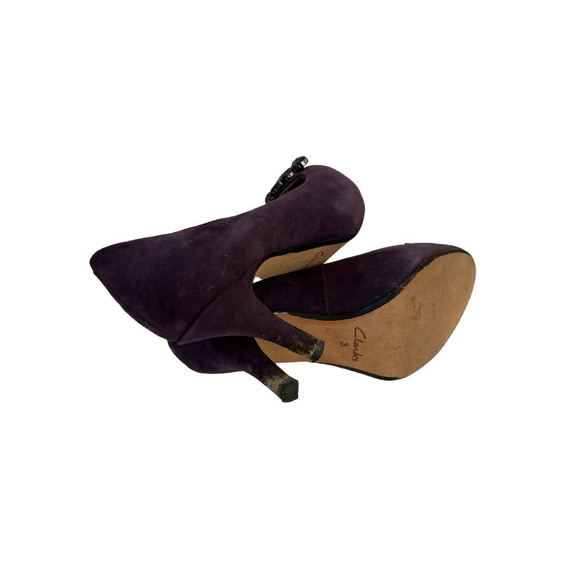 Vintage Clarks Purple Jewelled Softwear Wide Fit Occassion Heels Platform Shoes Size 3