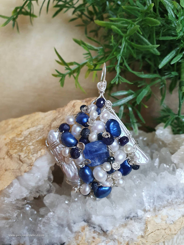 Sapphire Kyanite Blue Pearl Sterling Wire Wrapped Diamond Pendant by Preciously Wired