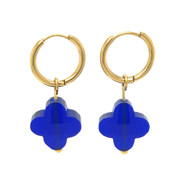 Gold hoops with Cobalt Blue Clovers