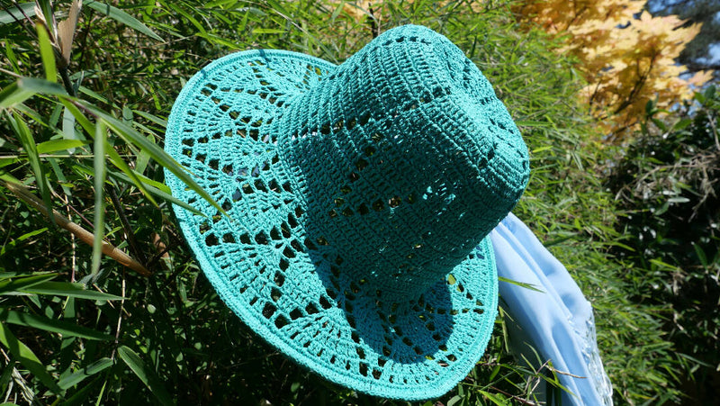 Linen teal green crochet garden hat, bonnet cottagecore hat, summer bucket hat, granny square beanie, crochet headwear, sun protect beanie