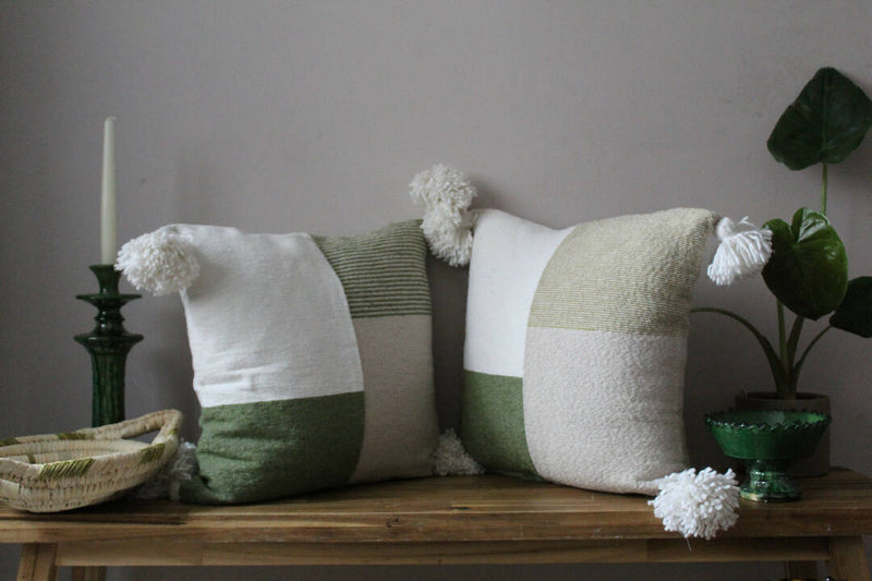 Moroccan boho style Cushion olive, white and beige.