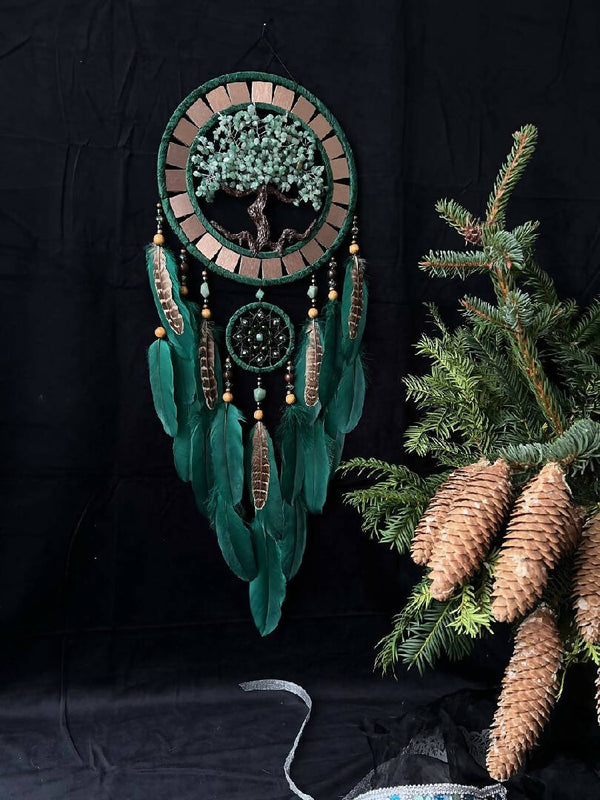 Green brown natural dreamcatcher, Dreamcatcher large Christmas gift for girl, Native American inspired, Large Green Boho jade gemstone dreamcatchers