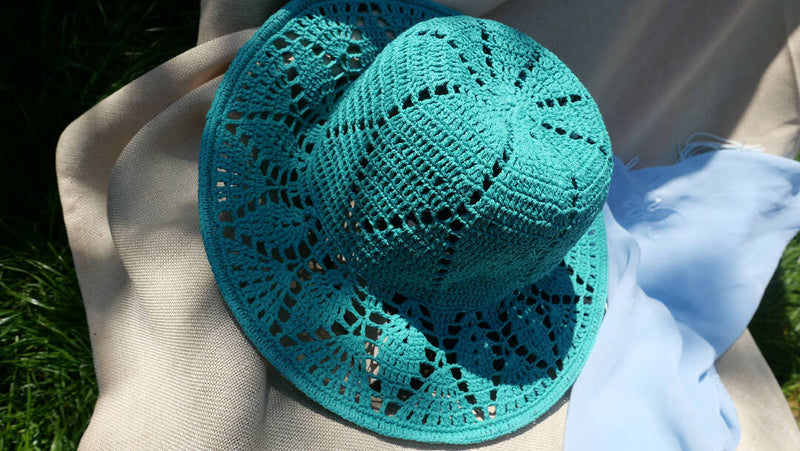 Linen teal green crochet garden hat, bonnet cottagecore hat, summer bucket hat, granny square beanie, crochet headwear, sun protect beanie