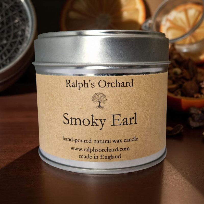 Smoky Earl scented candle in silver tin