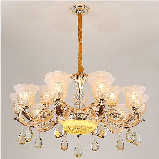 Luxury Vintage Crystal Chandelier – 15-Light Glass Pendant with Etched Shades for Dining Room & Lounge | LINKORI TULLIPH