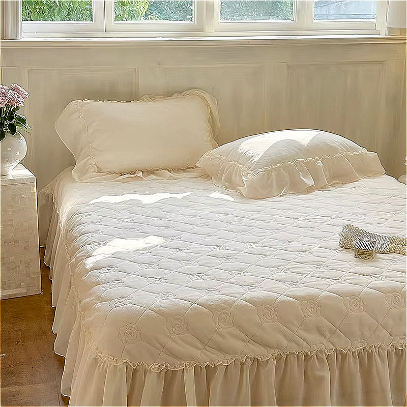 Romantic ivory velvet and floral rose bedding set with lace details for cottagecore bedroom