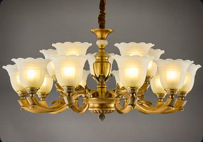 traditional gold chandelier with frosted tulip glass shades, castlecore and vintage glam interiors