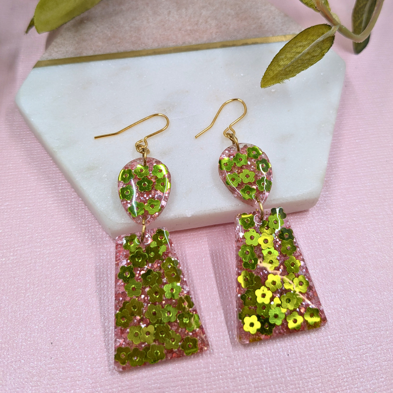 "Aria" Green Flower and Pink Glitter Resin Dangle Earrings