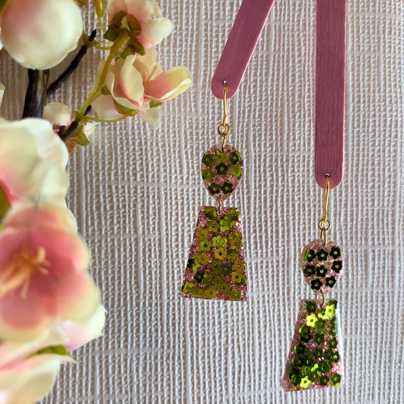 "Aria" Green Flower and Pink Glitter Resin Dangle Earrings