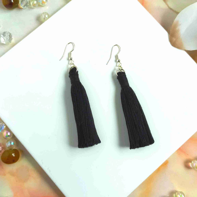 "Lia" Black Silver Plated Macrame Tassel Earrings