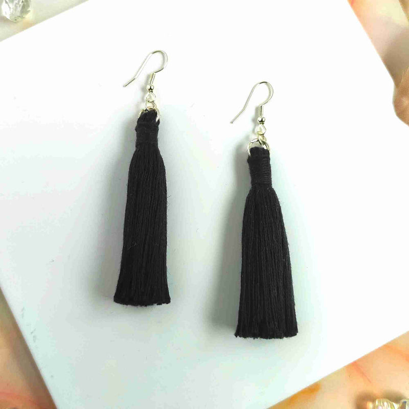 "Lia" Black Silver Plated Macrame Tassel Earrings