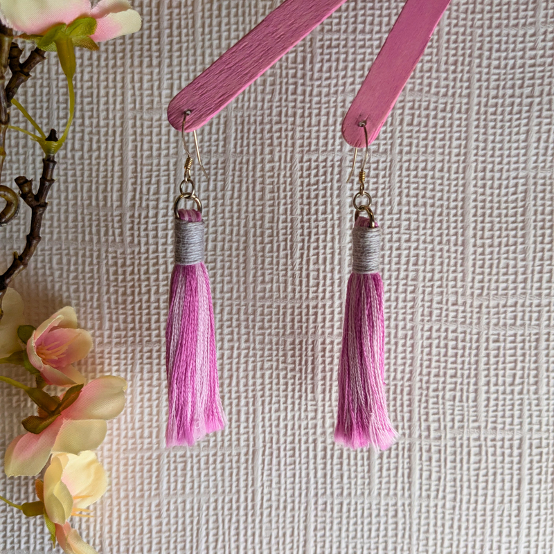 Aurora Pink & Grey Macramé Tassel Earrings - Handmade Cotton UK