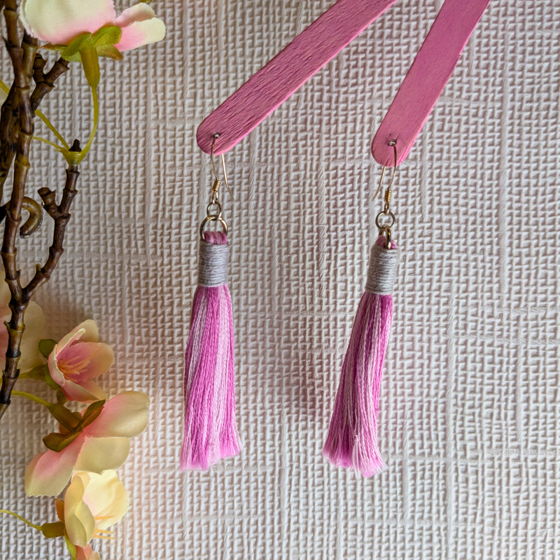 Aurora Pink & Grey Macramé Tassel Earrings - Handmade Cotton UK