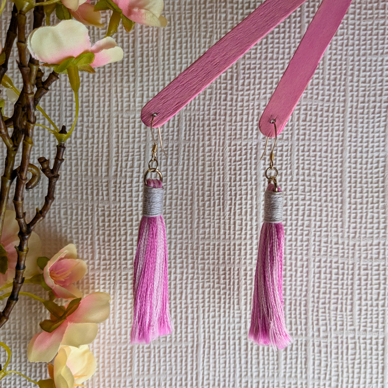 Aurora Pink & Grey Macramé Tassel Earrings - Handmade Cotton UK