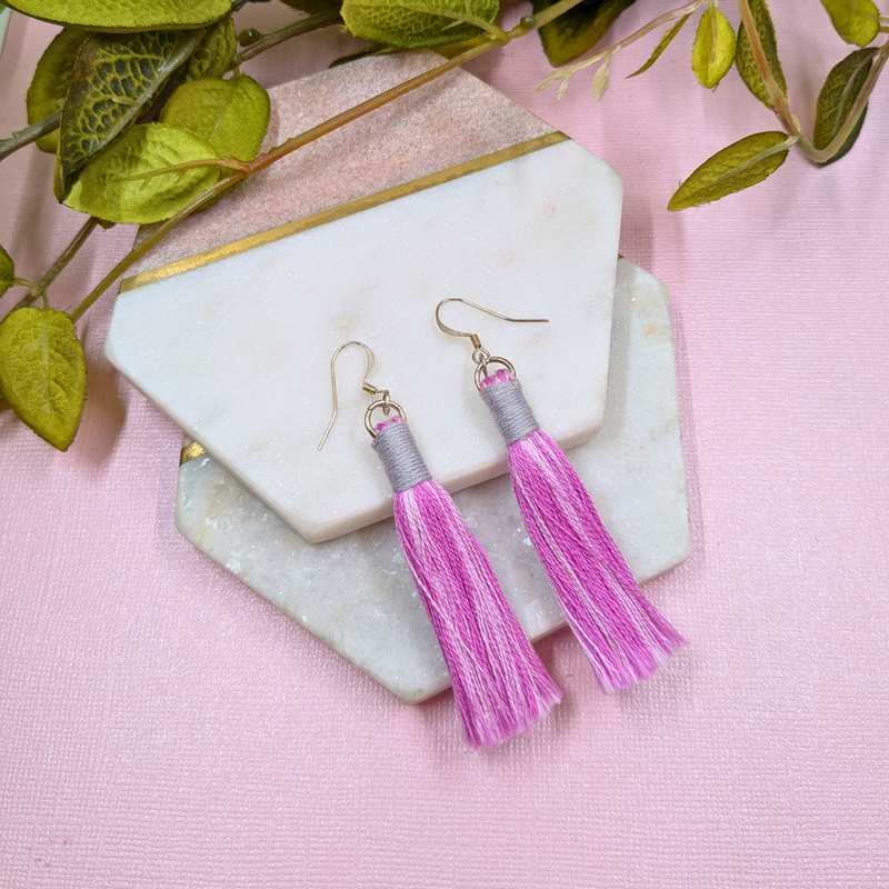 Aurora Pink & Grey Macramé Tassel Earrings - Handmade Cotton UK