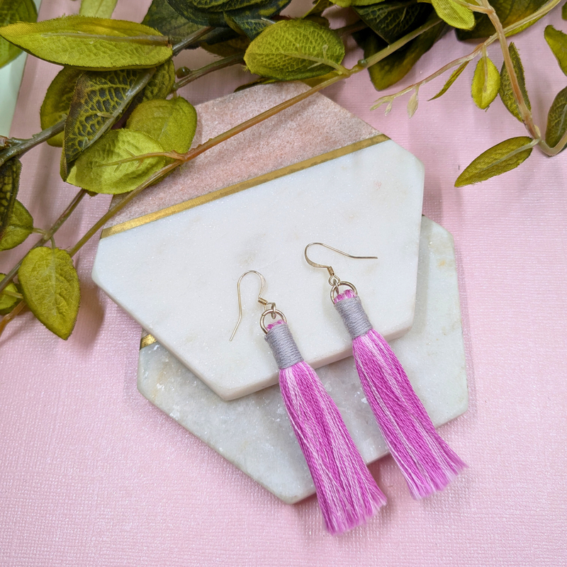 Aurora Pink & Grey Macramé Tassel Earrings - Handmade Cotton UK