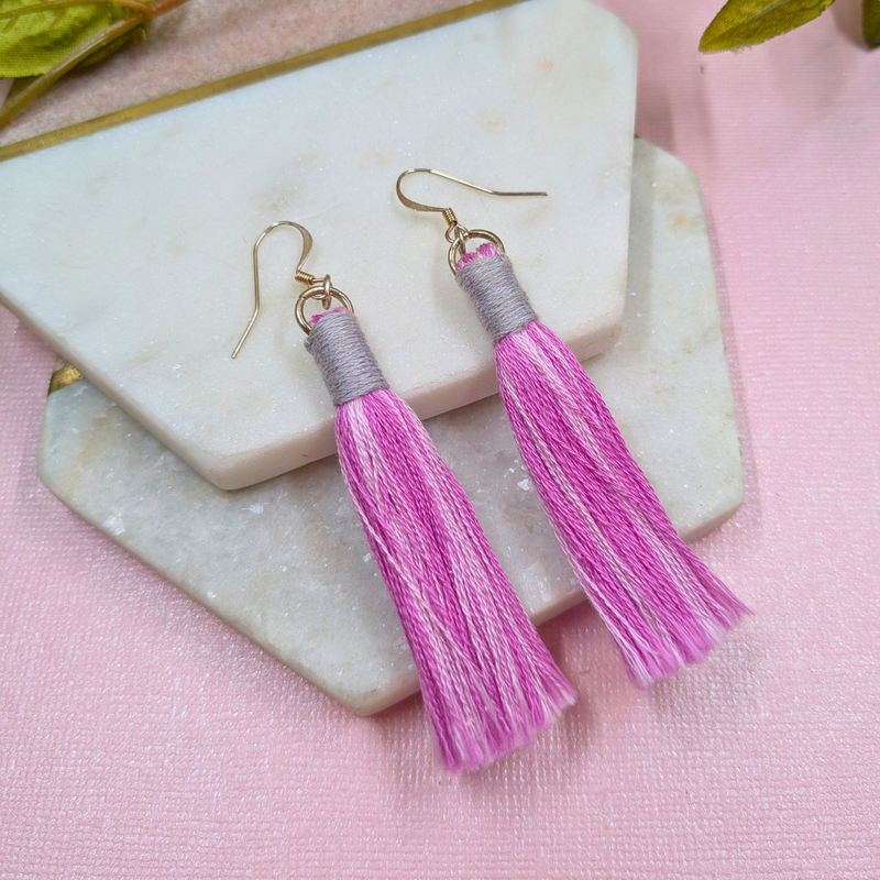 Aurora Pink & Grey Macramé Tassel Earrings - Handmade Cotton UK