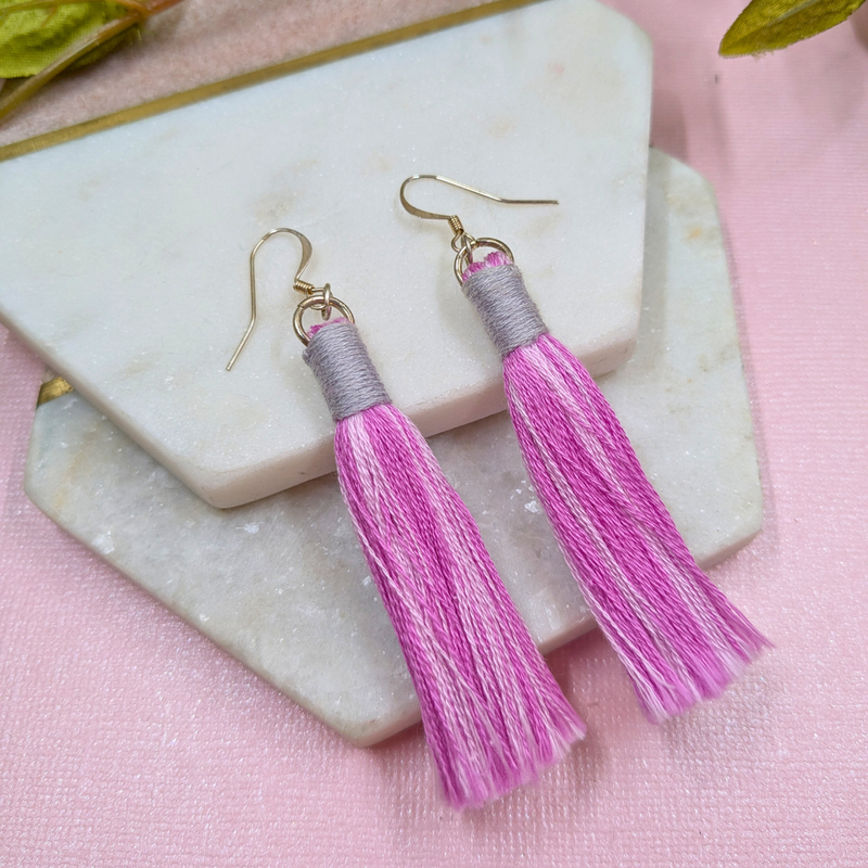 Aurora Pink & Grey Macramé Tassel Earrings - Handmade Cotton UK