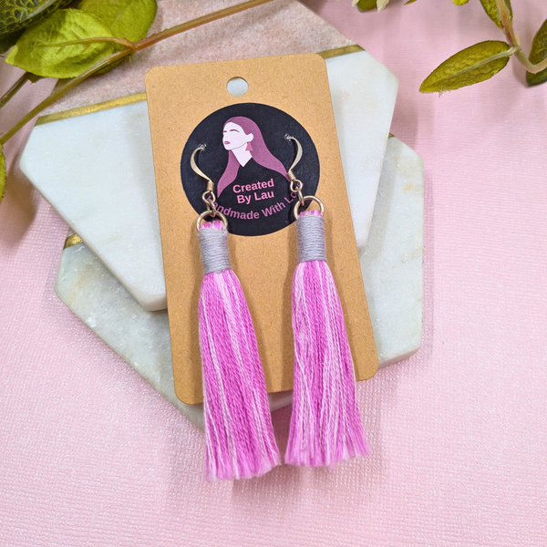 Aurora Pink & Grey Macramé Tassel Earrings - Handmade Cotton UK