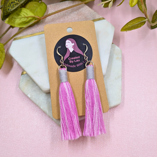 Aurora Pink & Grey Macramé Tassel Earrings - Handmade Cotton UK