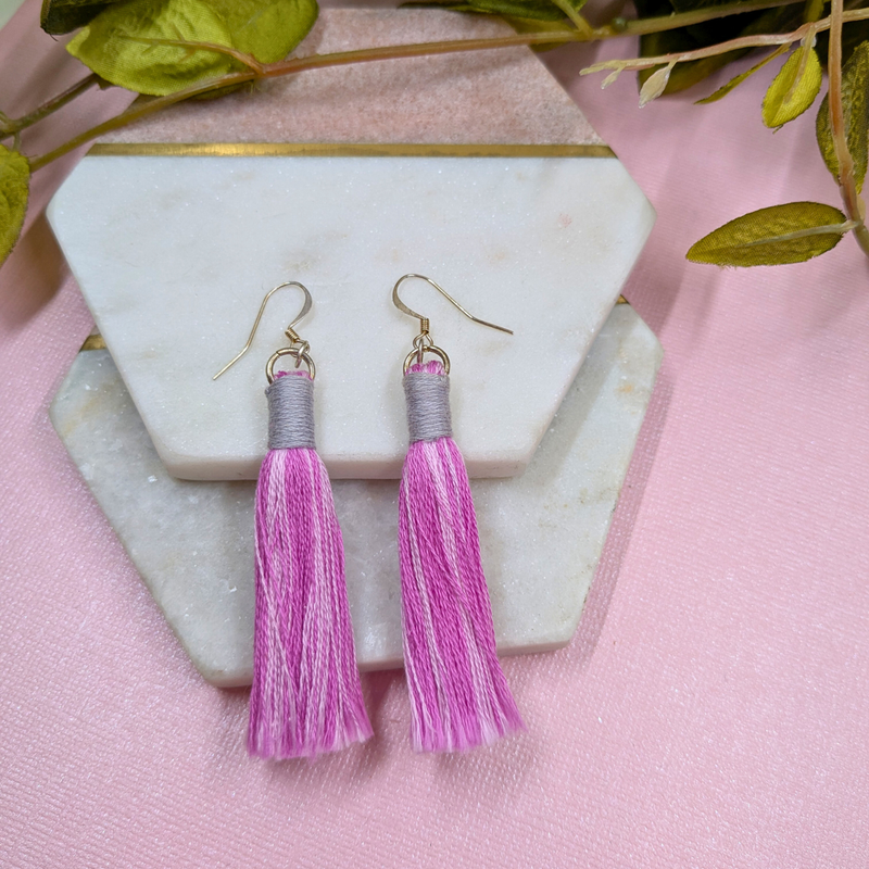 Aurora Pink & Grey Macramé Tassel Earrings - Handmade Cotton UK