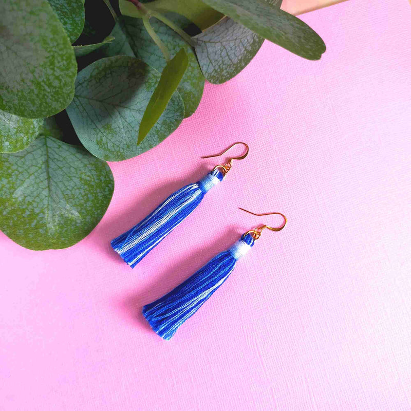 "Cora" Blue Ombre Cotton Macrame Fringe Tassel Earrings