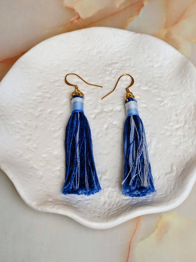 "Cora" Blue Ombre Cotton Macrame Fringe Tassel Earrings