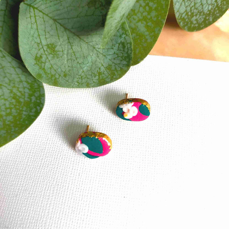 "Della" Pink Flower Slab Polymer Clay Oval Studs