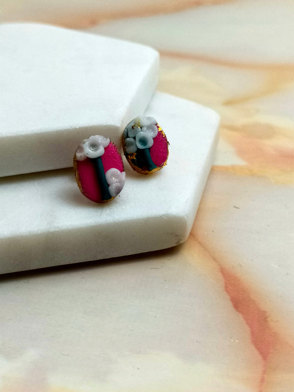 "Della" Pink Flower Slab Polymer Clay Oval Studs