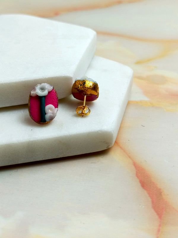 "Della" Pink Flower Slab Polymer Clay Oval Studs