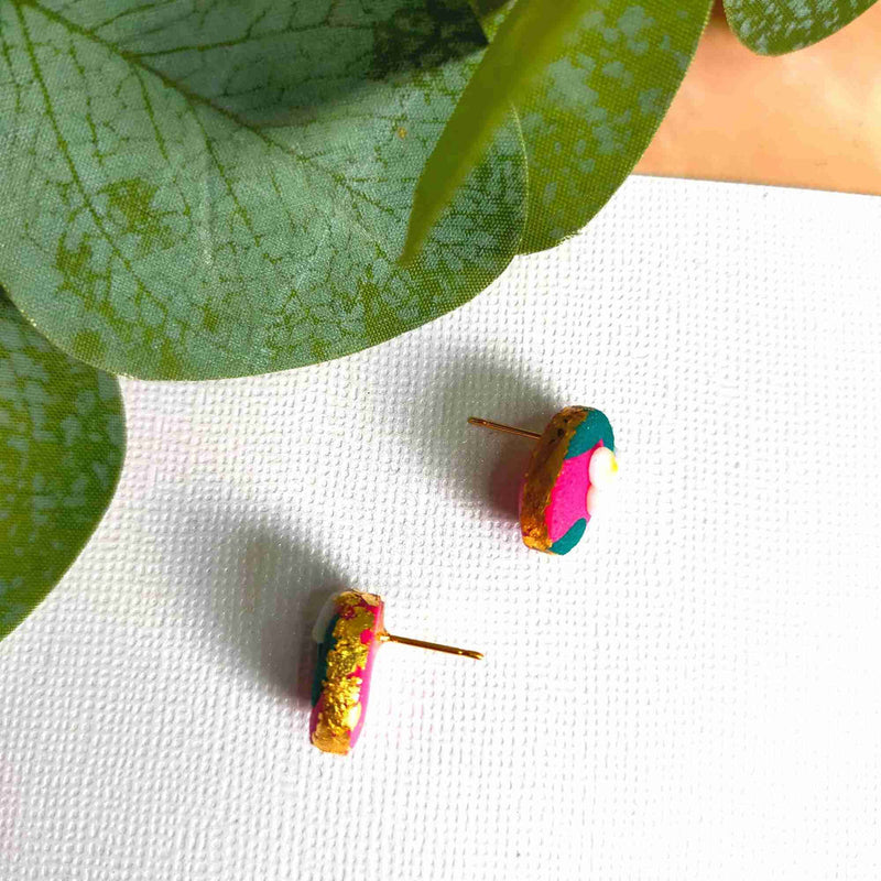 "Della" Pink Flower Slab Polymer Clay Oval Studs