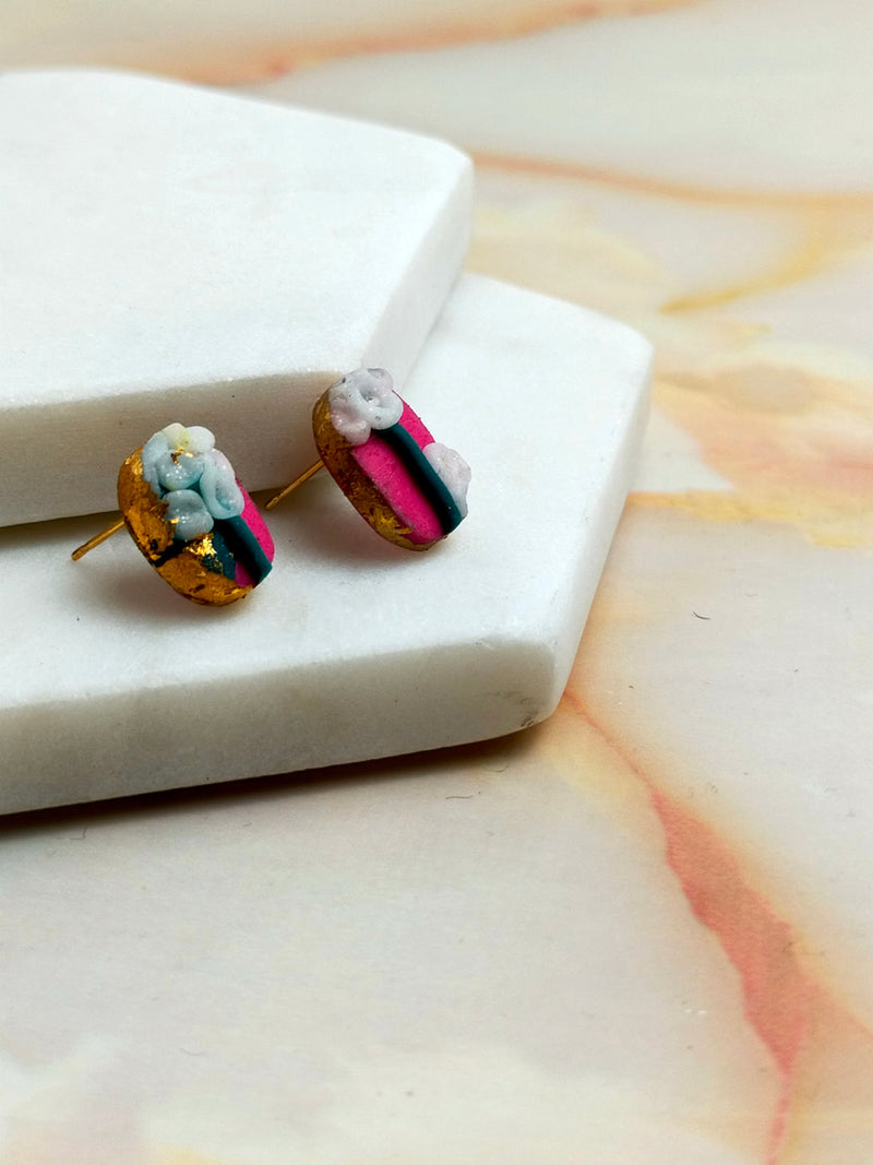 "Della" Pink Flower Slab Polymer Clay Oval Studs