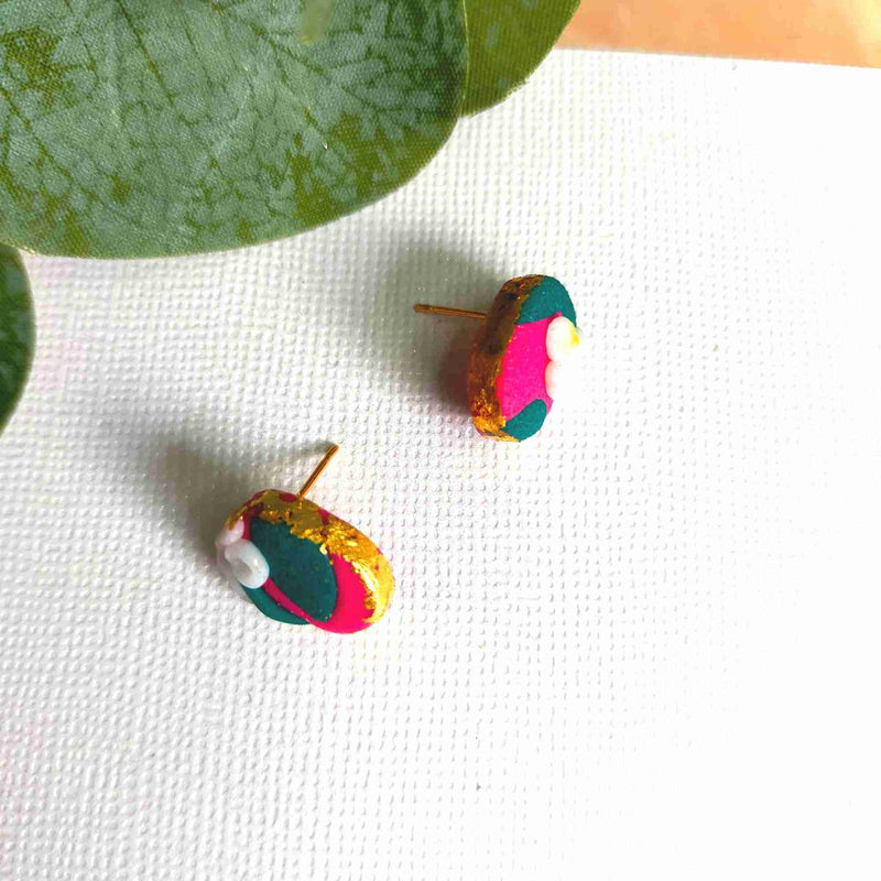"Della" Pink Flower Slab Polymer Clay Oval Studs