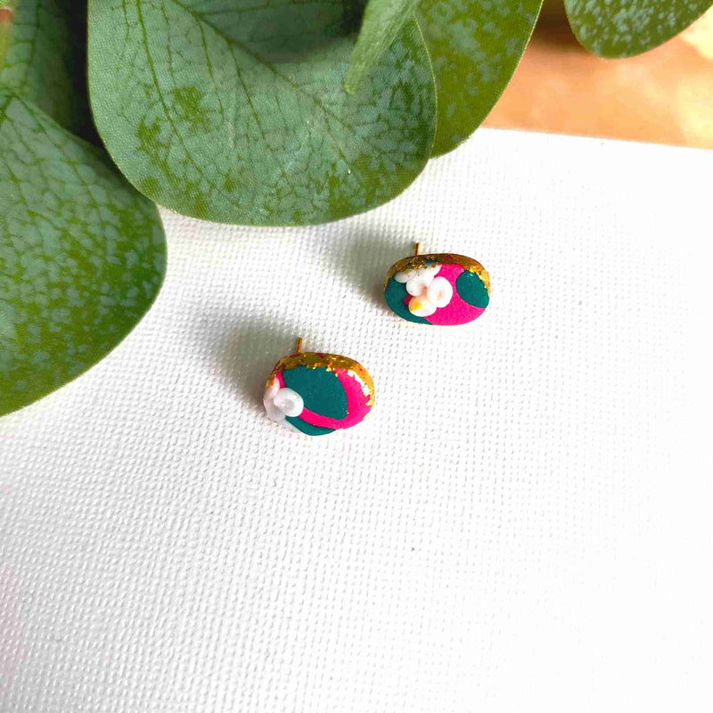 "Della" Pink Flower Slab Polymer Clay Oval Studs