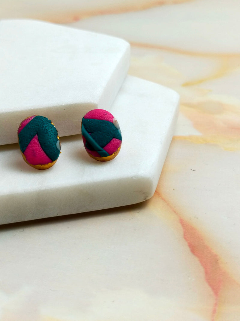 "Della" Pink Flower Slab Polymer Clay Oval Studs