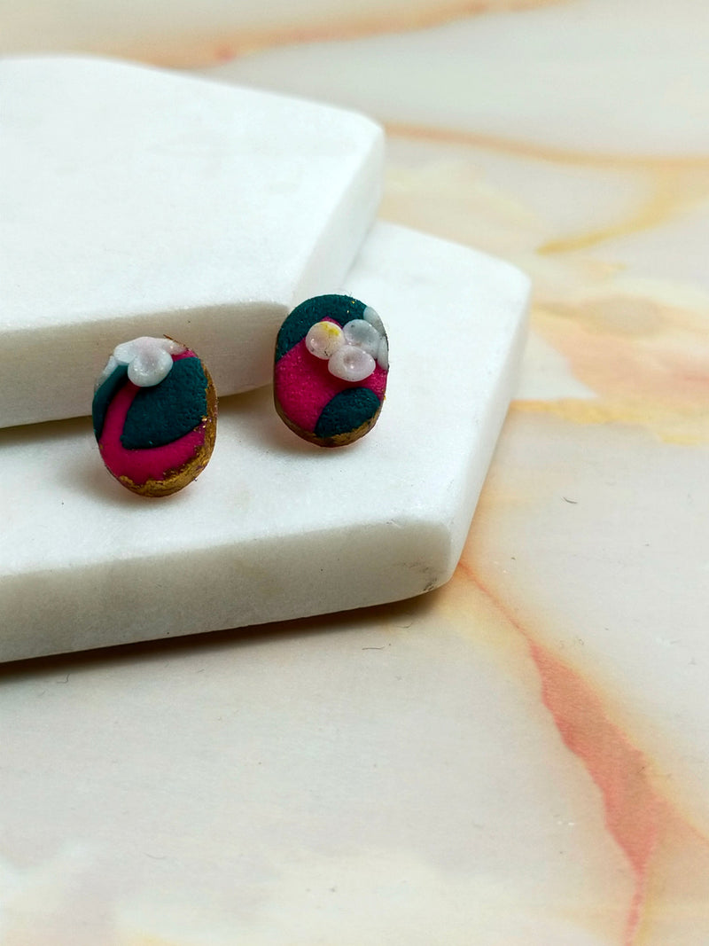 "Della" Pink Flower Slab Polymer Clay Oval Studs