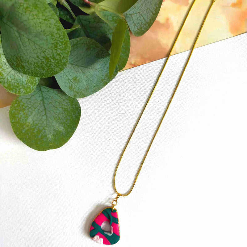 "Della" Pink Flower Slab Polymer Clay Pendant Necklace