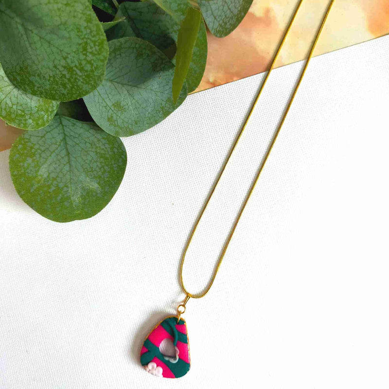 "Della" Pink Flower Slab Polymer Clay Pendant Necklace