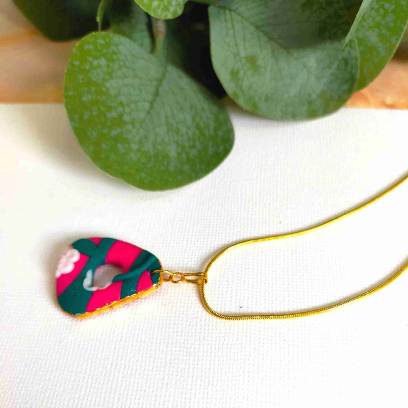 "Della" Pink Flower Slab Polymer Clay Pendant Necklace