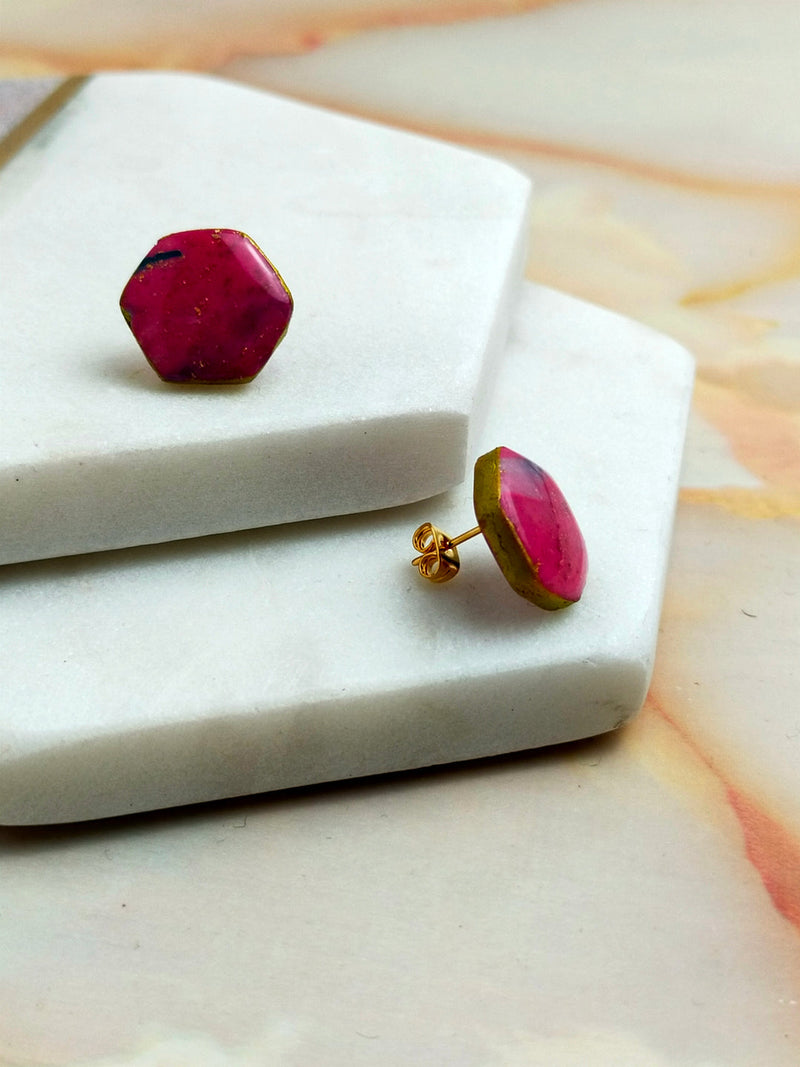 "Ellie" Pink Marbled Small Hex Studs