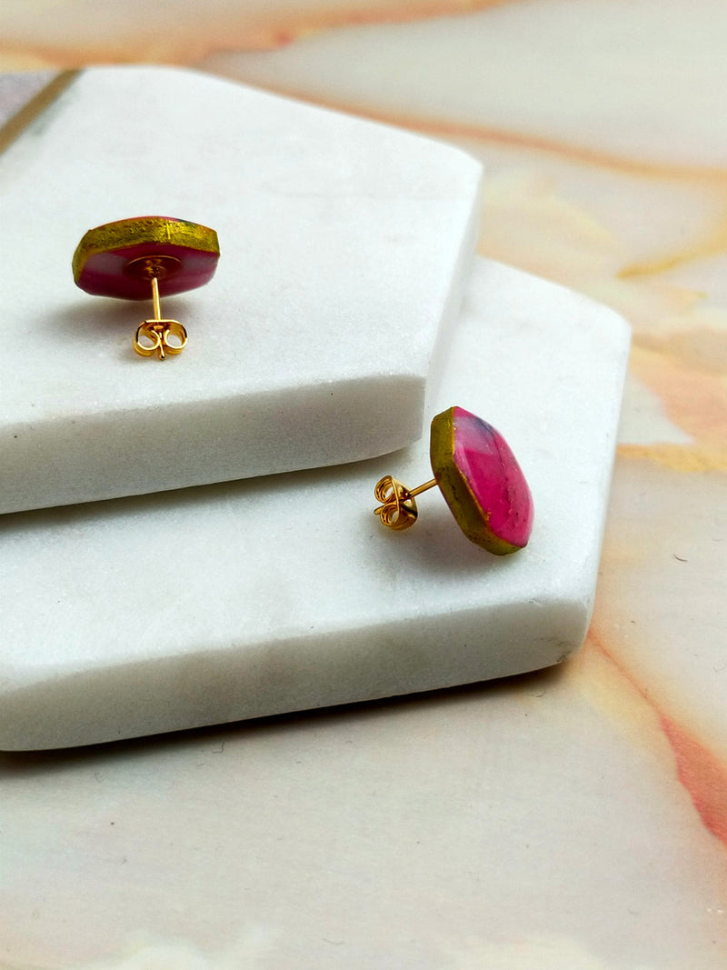 "Ellie" Pink Marbled Small Hex Studs