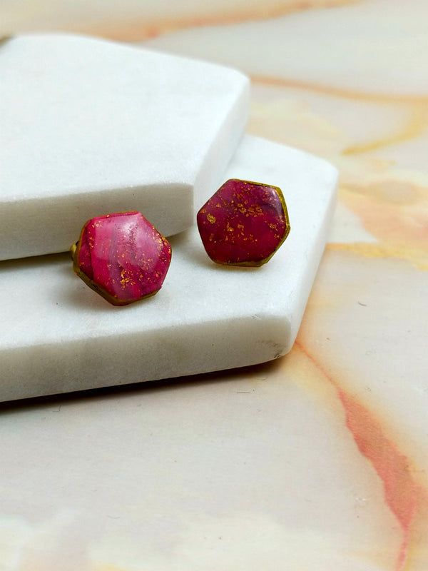 "Ellie" Pink Marbled Small Hex Studs
