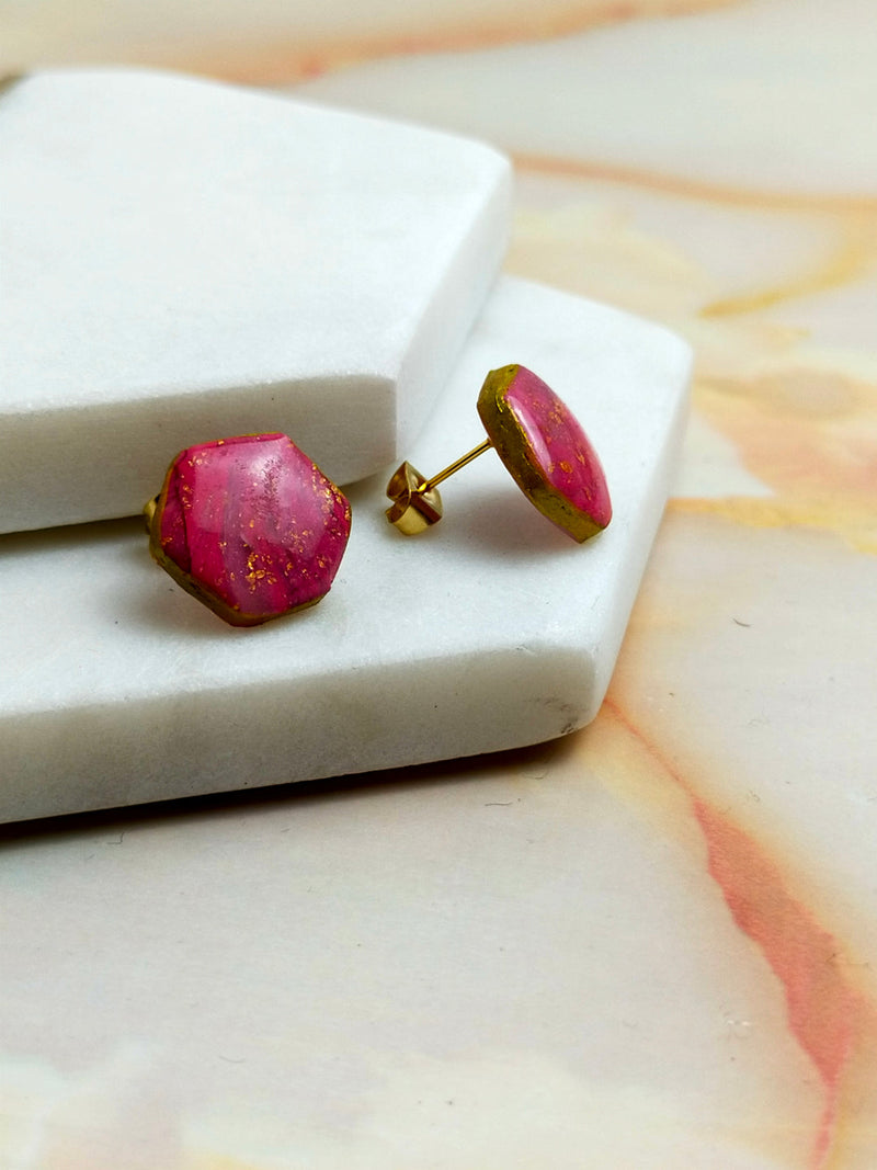 "Ellie" Pink Marbled Small Hex Studs
